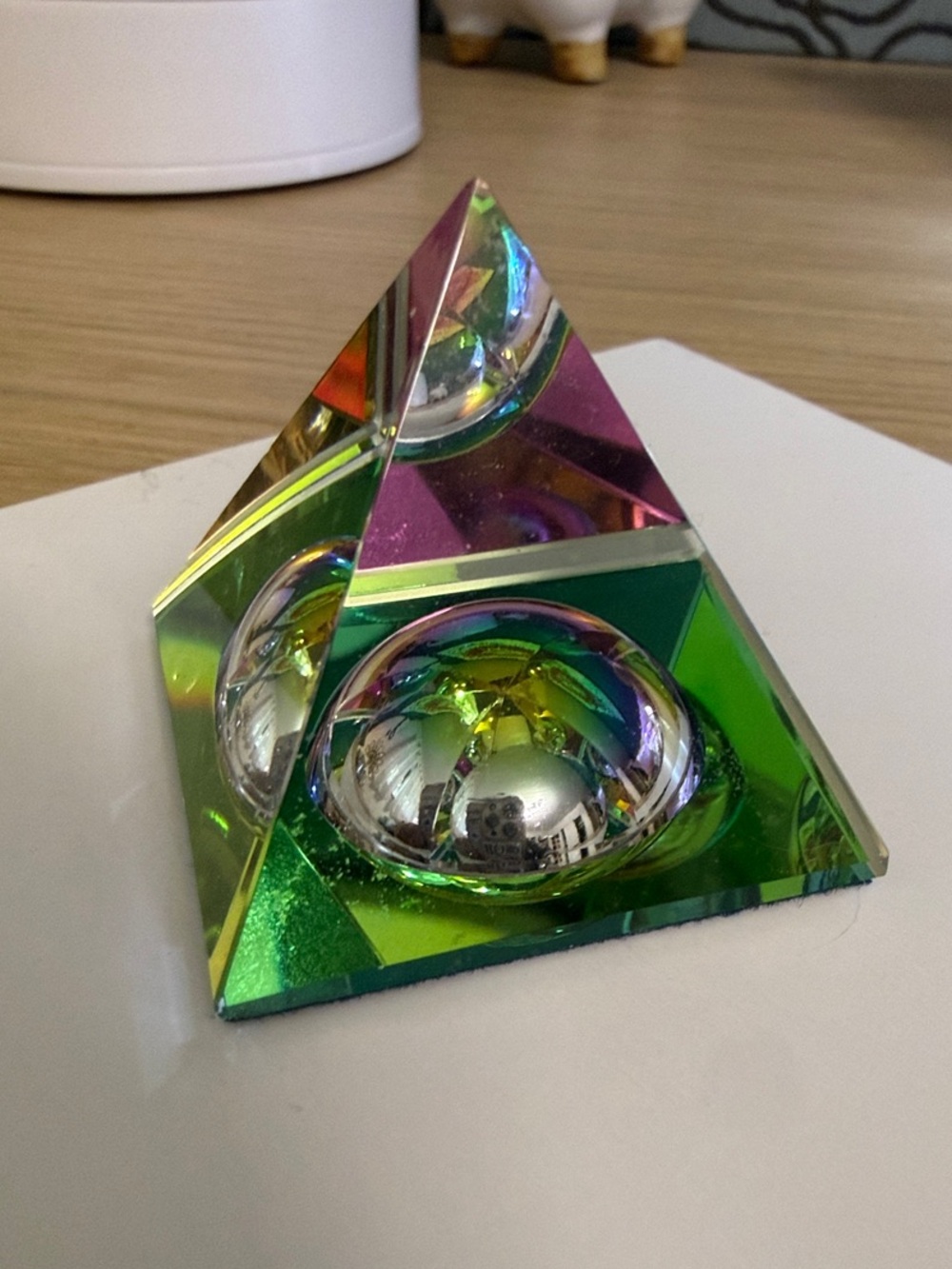 Iridescent Small Glass Pyramid Sculpture - Home Art
